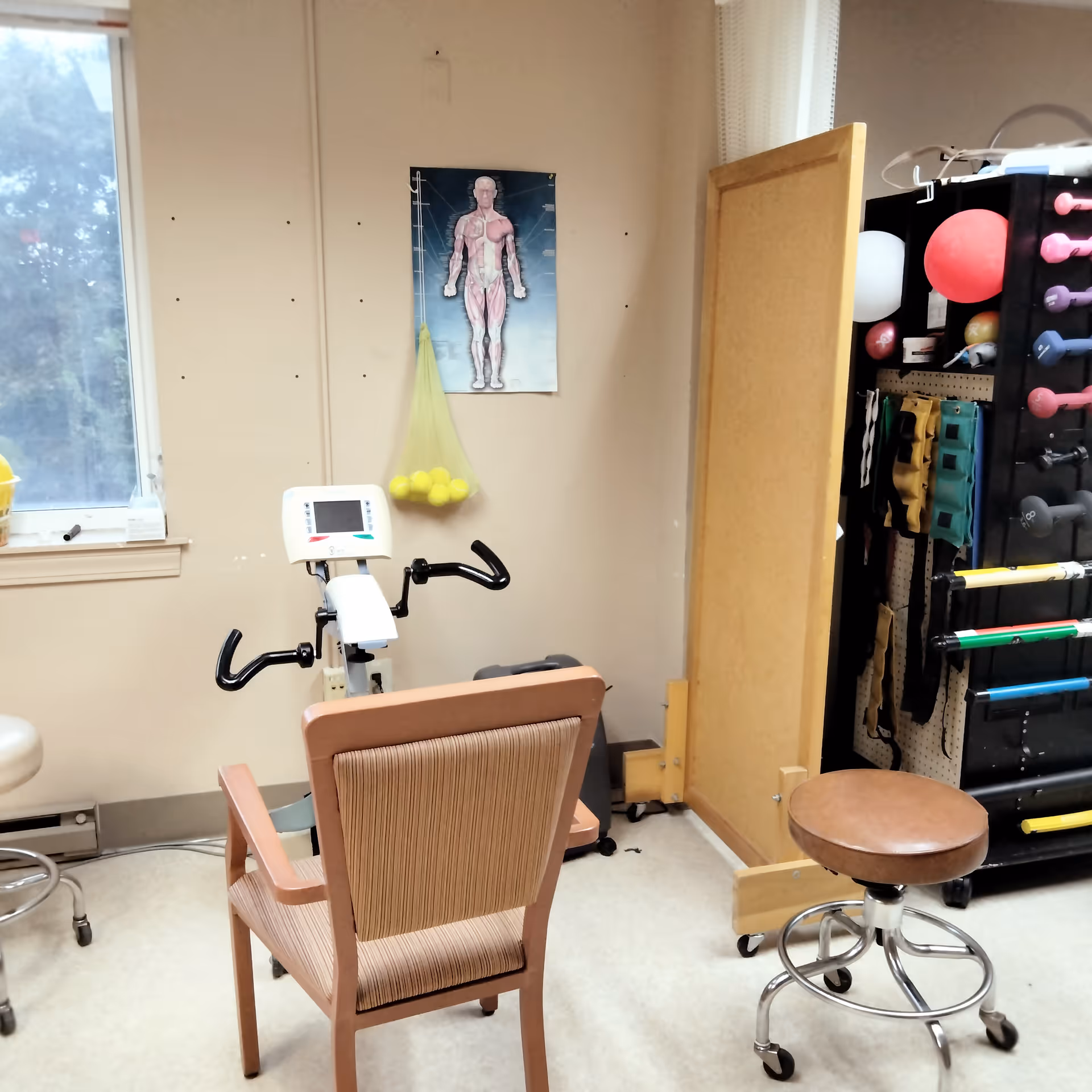 A small rehabilitation room with exercise equipment including a stationary arm bike, a wooden chair, a rolling stool, and a rack holding various exercise balls, weights, and resistance bands. A poster of a human muscular system is on the wall, and a window lets in natural light.