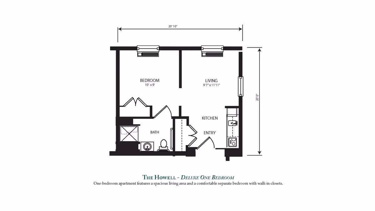 Black-and-white floor plan labeled 'The Howell - Deluxe One Bedroom' showing a bedroom, living area, kitchen, bathroom, entry, and dimensions.