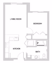 Architectural floor plan showing a one-bedroom apartment layout with labeled living room, bedroom, kitchen, and bathroom areas.