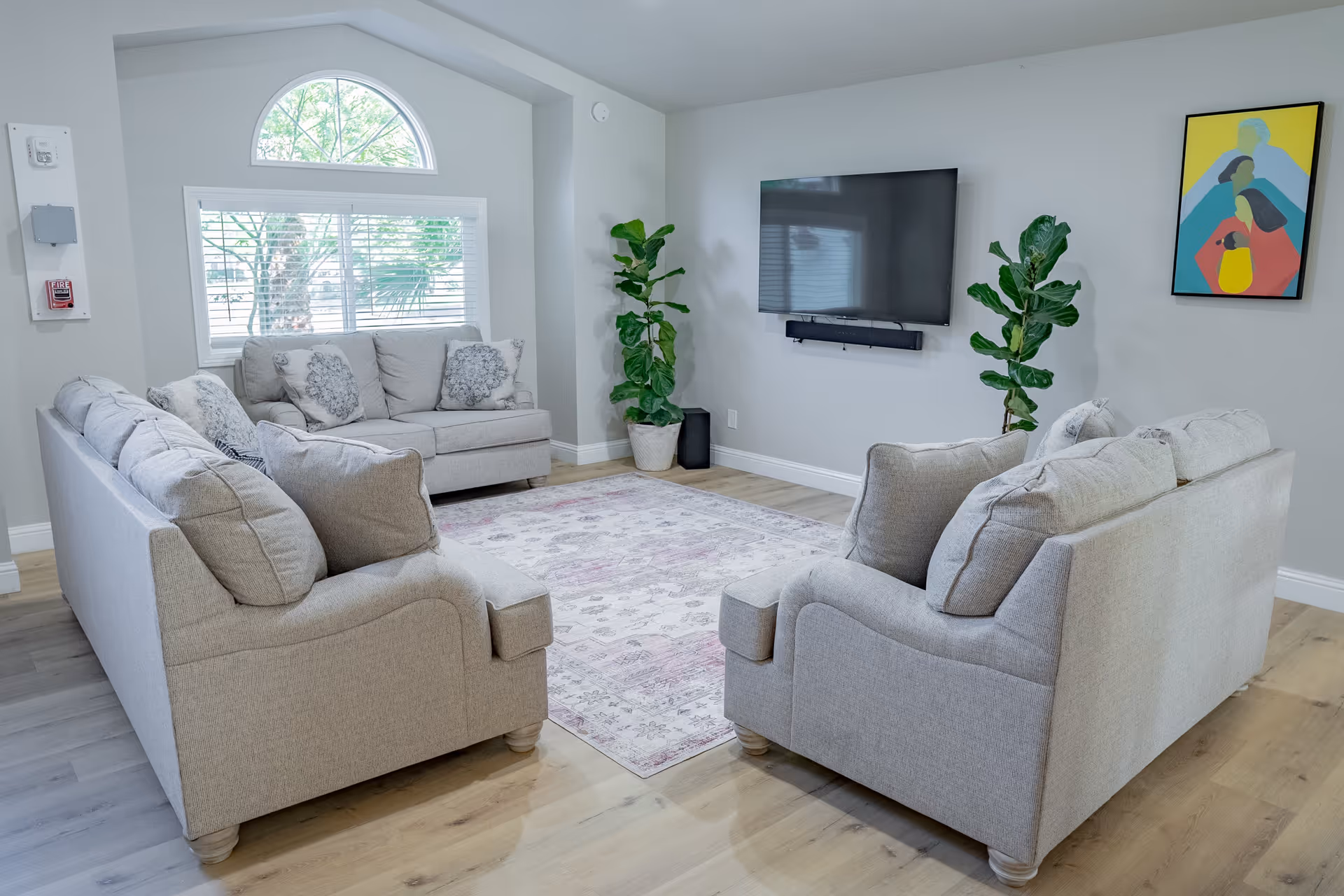 A bright living room with light gray sofas arranged around a patterned area rug. A large window with white blinds and an arched transom window lets in natural light. A flat-screen TV is mounted on the wall above a soundbar. Two green potted plants flank the TV, and a colorful abstract painting hangs on the wall to the right. The room has light wood flooring and light gray walls.