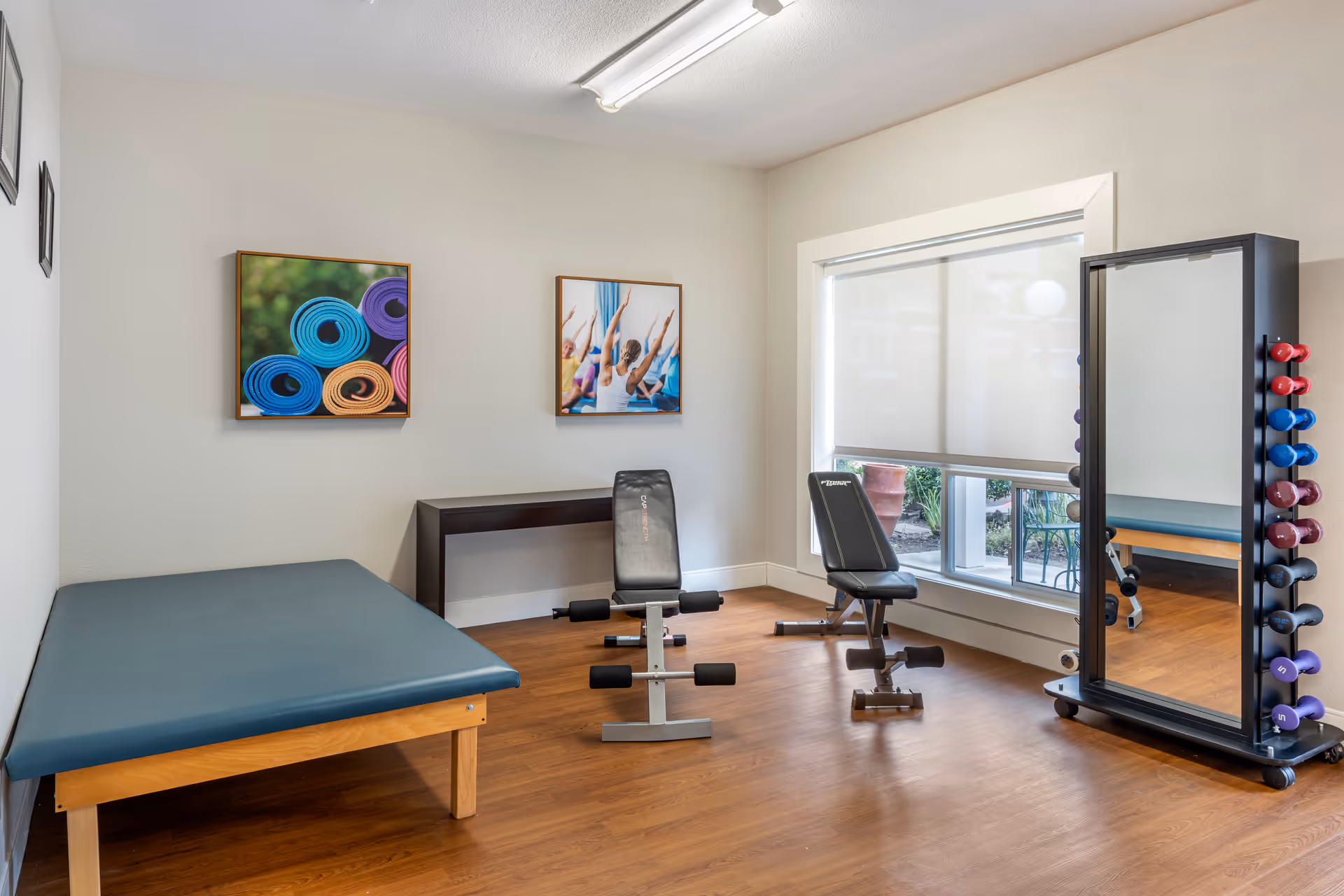 Bright fitness/therapy room with an exercise bench, treatment table, wall art, full-length mirror and a rack of colorful dumbbells.