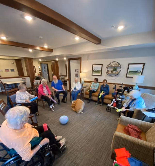 A group of elderly people sitting in a circle in a common room, engaging in a seated activity with colorful foam noodles and a ball on the floor. The room has comfortable chairs, a couch, framed pictures on the wall, and a dog sitting in the center of the circle.