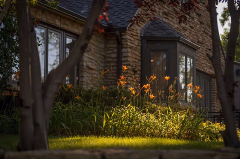 Exterior view of a stone building with large windows, surrounded by green grass, orange flowers, and trees in the foreground.