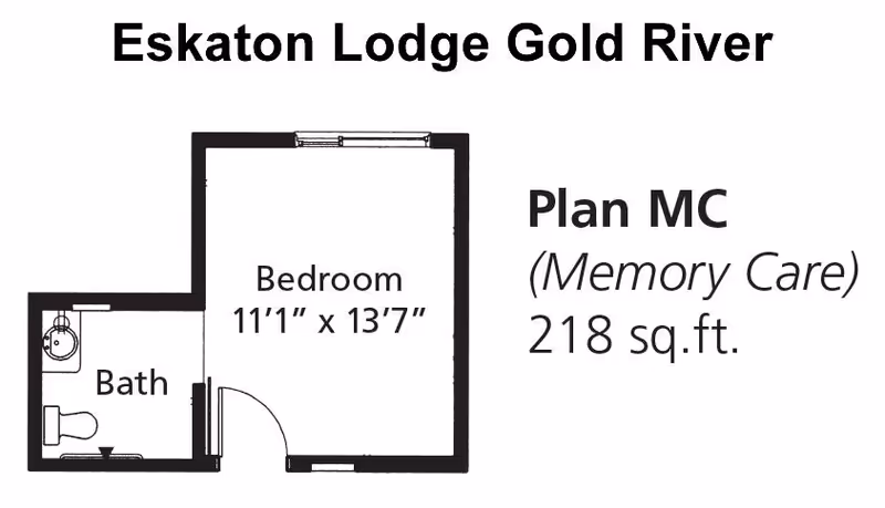 Floor plan of Eskaton Lodge Gold River Plan MC for Memory Care, showing a bedroom measuring 11 feet 1 inch by 13 feet 7 inches, and an attached bathroom.