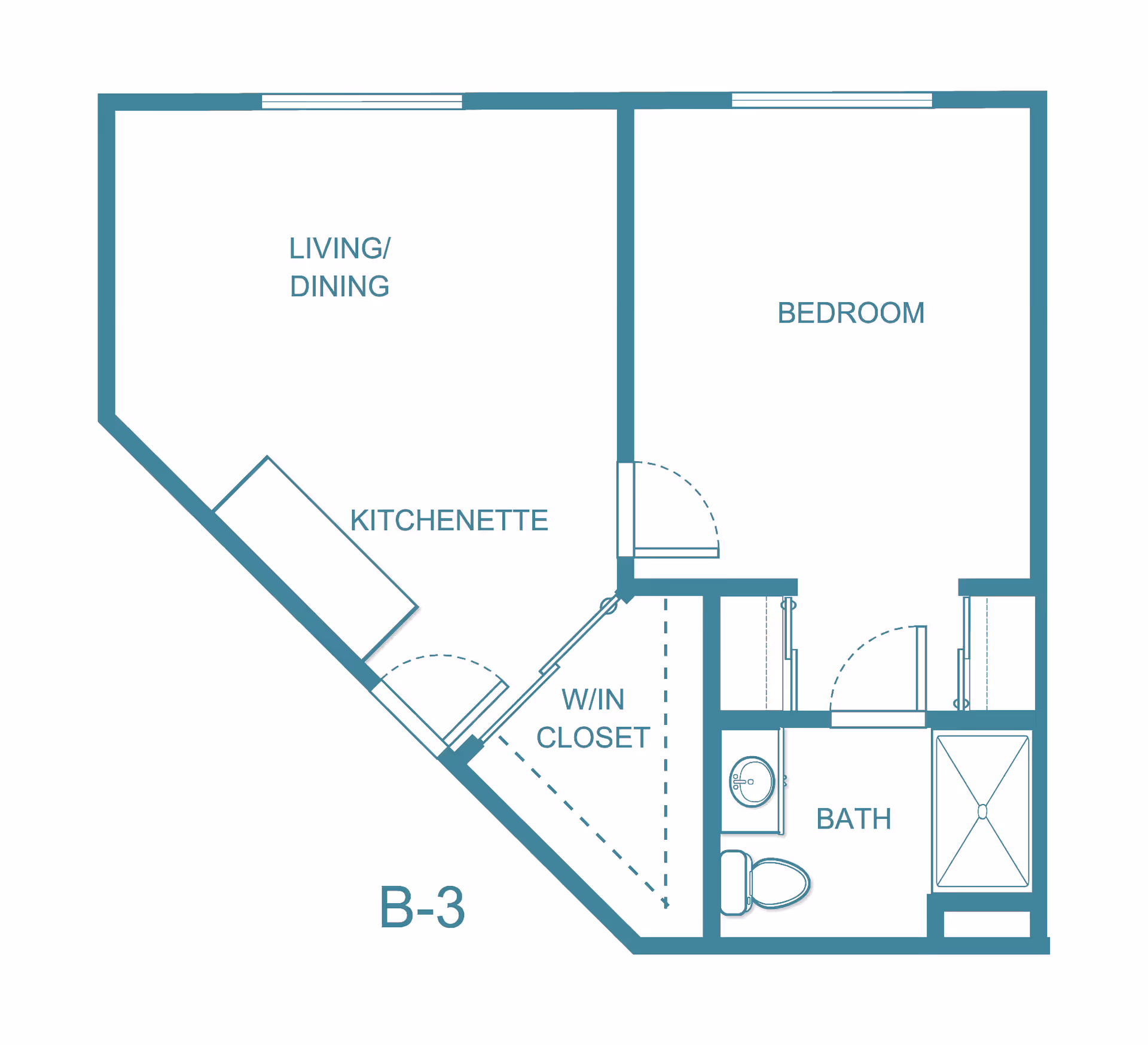 Floor plan layout labeled B-3 showing a living/dining area with a kitchenette, a bedroom, a walk-in closet, and a bathroom with a toilet, sink, and shower.