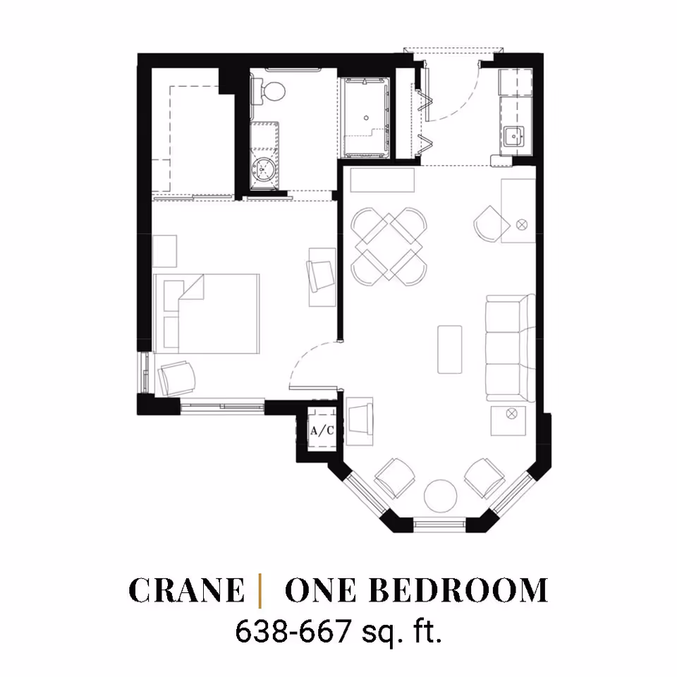 Architectural floor plan of a one-bedroom apartment named Crane, showing a bedroom, bathroom, kitchen, dining area, and living room with furniture layout, covering 638-667 square feet.