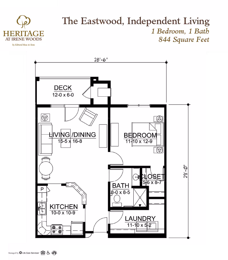 Floor plan for The Eastwood, Independent Living at Heritage at Irene Woods, showing a 1 bedroom, 1 bath layout with 844 square feet. The plan includes a deck, living/dining area, kitchen, bedroom, bathroom, closet, and laundry room with dimensions for each area.