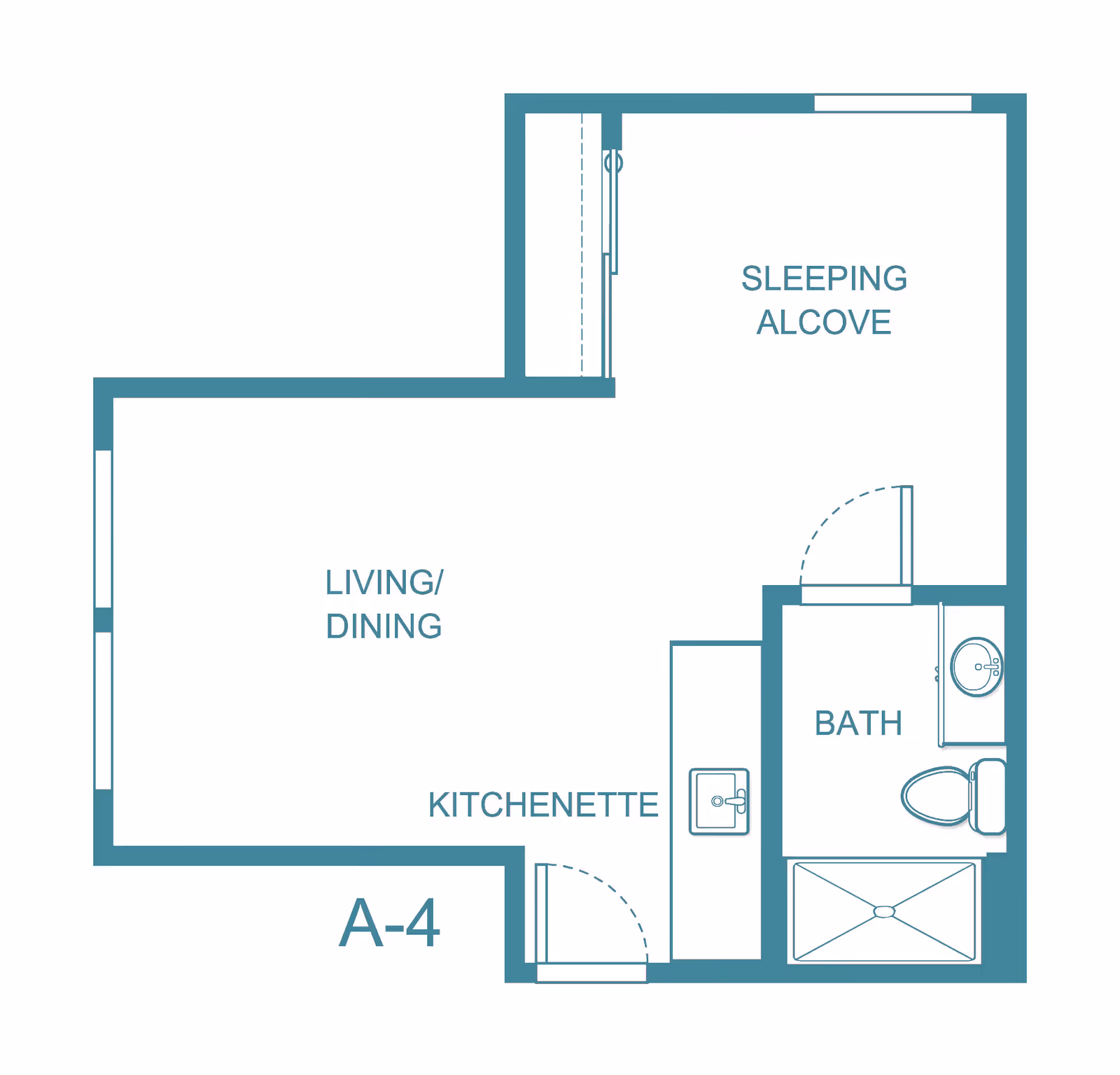 Floor plan layout of a studio apartment labeled A-4 at Holiday Hidden Lakes, showing a living/dining area, kitchenette, sleeping alcove, and a bathroom with a sink, toilet, and shower.