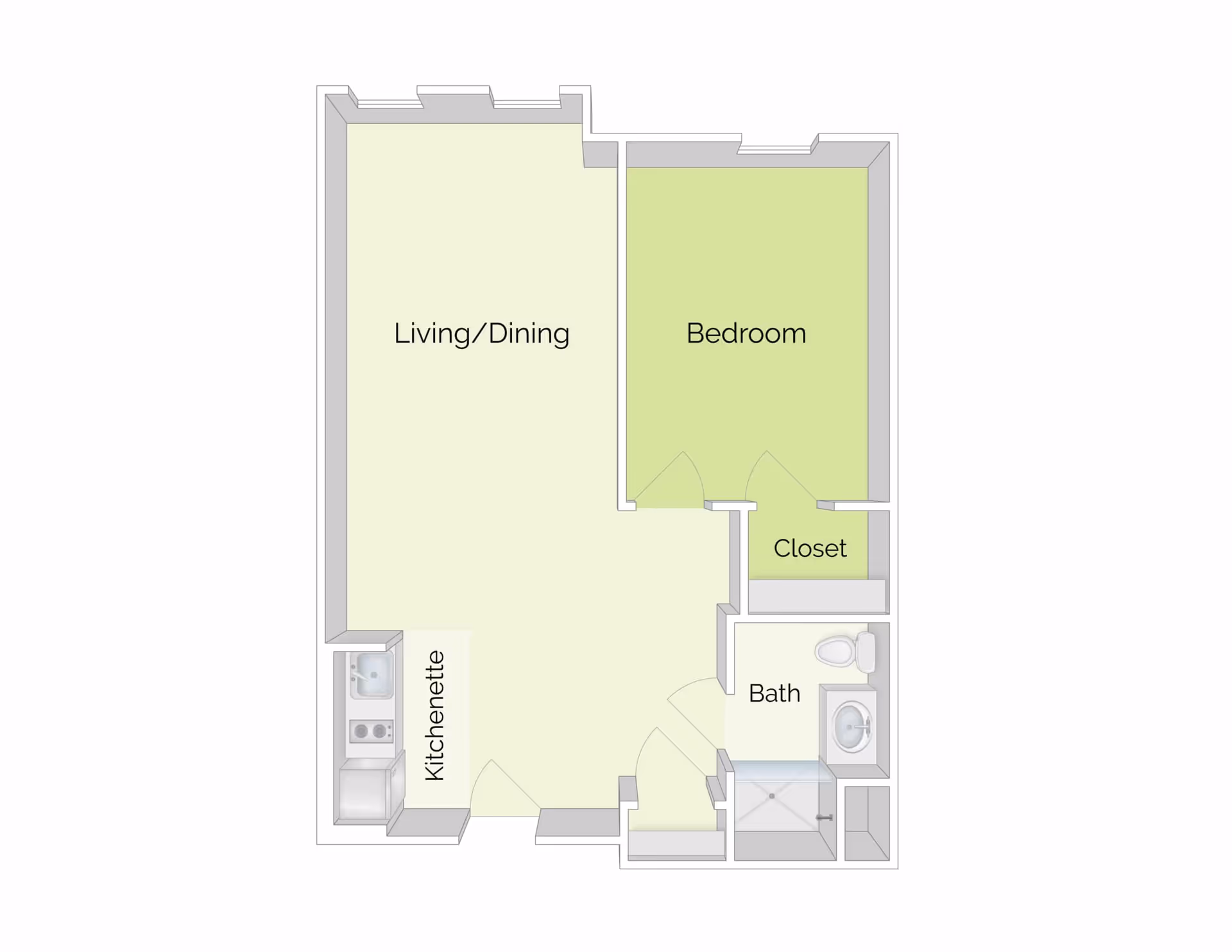 Floor plan of a one-bedroom apartment showing a combined living/dining area, kitchenette, bedroom, closet, and bathroom.