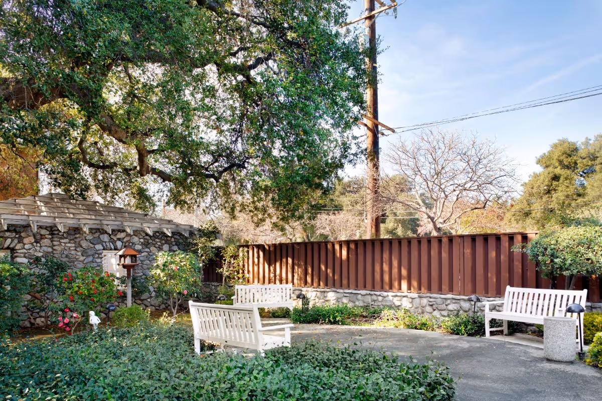 Outdoor garden area with white benches arranged around a paved circular space, surrounded by green bushes, trees, and a stone wall with a wooden fence behind it under a clear blue sky.