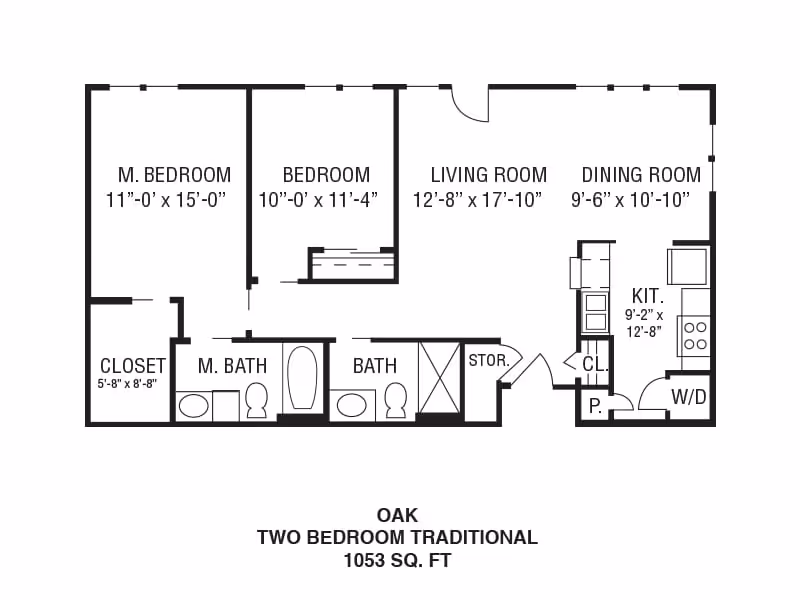 Floor plan of a two-bedroom traditional apartment named Oak with a total area of 1053 square feet. The layout includes a master bedroom with a closet and master bathroom, a second bedroom, a living room, a dining room, a kitchen with washer/dryer, a second bathroom, and a storage area.