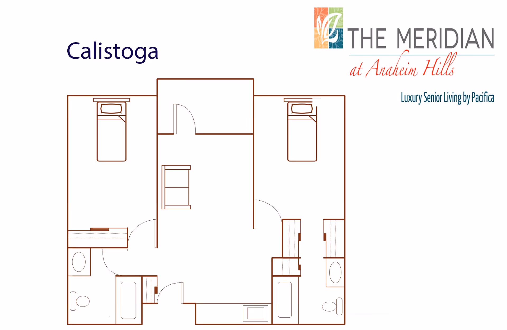 Floor plan labeled Calistoga from The Meridian at Anaheim Hills showing a layout with two bedrooms, two bathrooms, and a central living area.