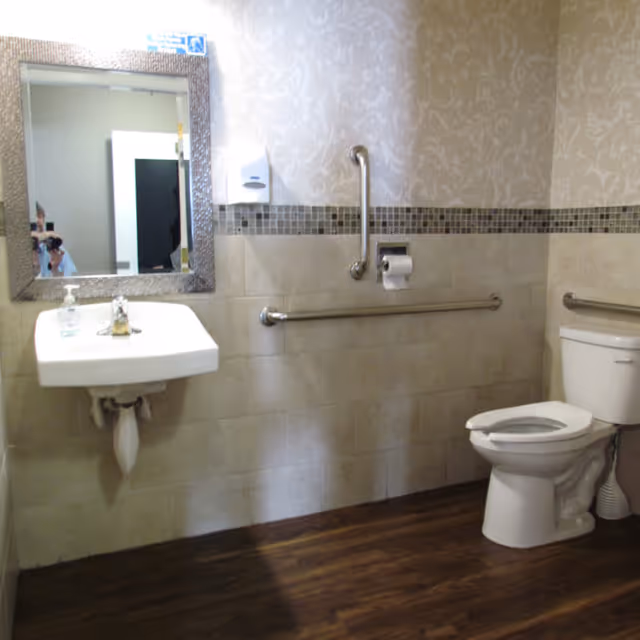 A clean and accessible bathroom with a white wall-mounted sink, a large mirror above it, a soap dispenser, and a toilet with grab bars on the walls for support. The walls have a decorative tile border and patterned wallpaper above, and the floor is wood-style.