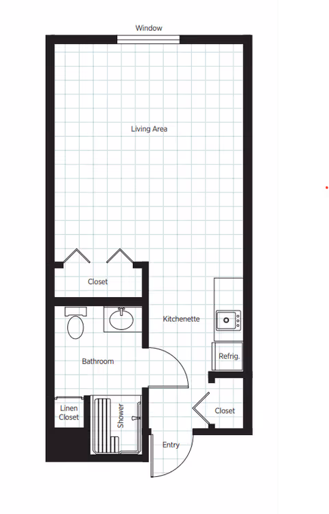Floor plan of a studio apartment featuring an entryway leading to a kitchenette with a refrigerator and sink, a living area with a window, a bathroom with a toilet, sink, shower, and linen closet, and two additional closets.