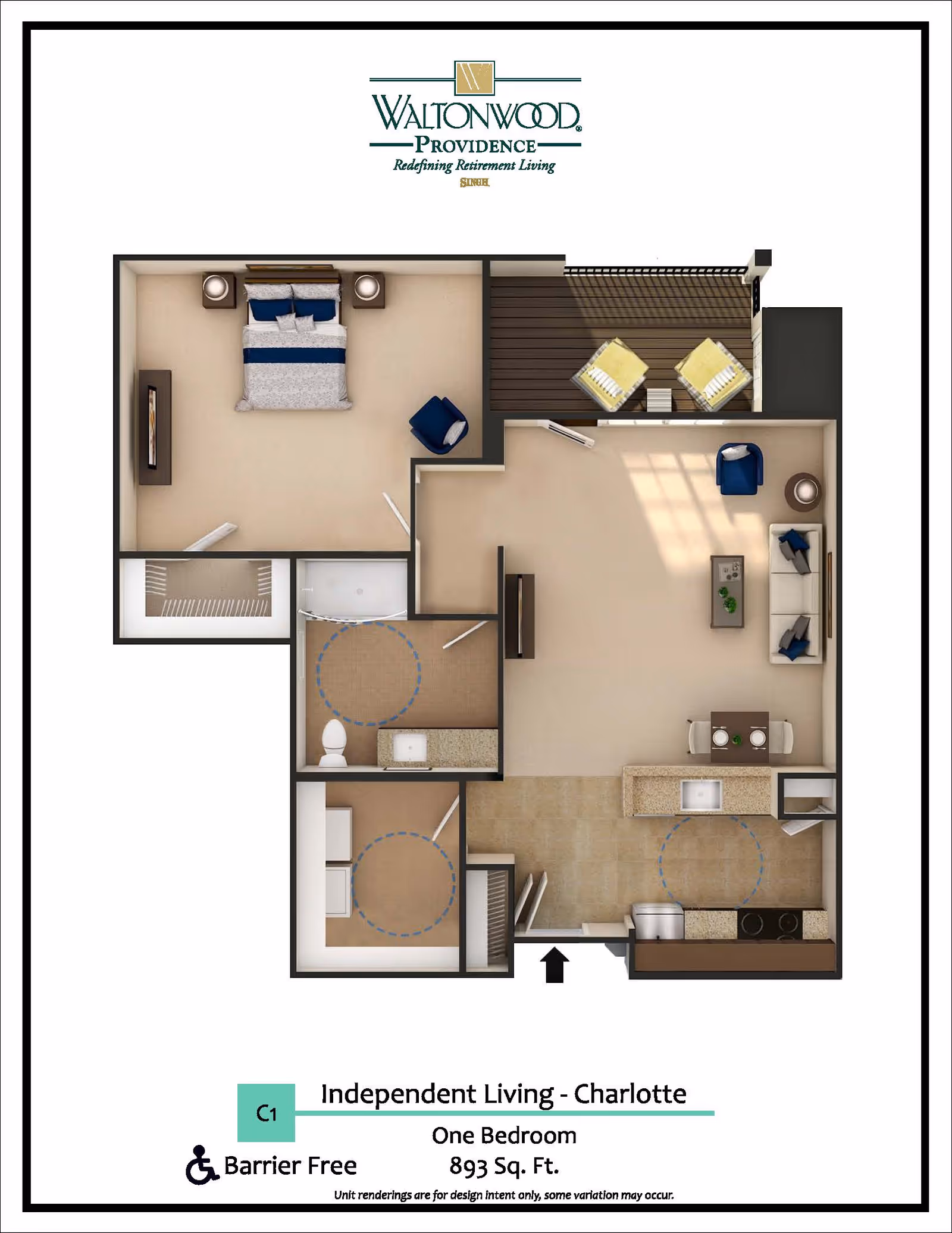 Top-down floor plan of a one-bedroom independent living apartment showing bedroom, bathroom, kitchen, living area and balcony with Waltonwood Providence branding.