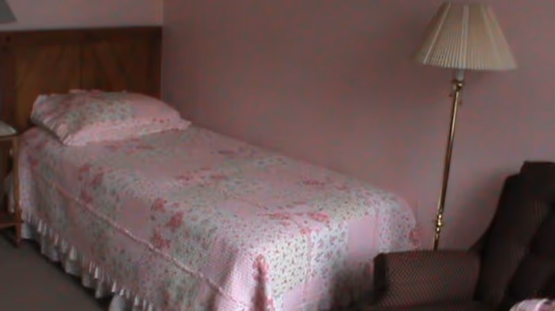 A single bed with a floral patterned pink quilt and matching pillow in a room with pink walls. Next to the bed is a wooden nightstand with a lamp, and a tall floor lamp stands beside a dark upholstered armchair.