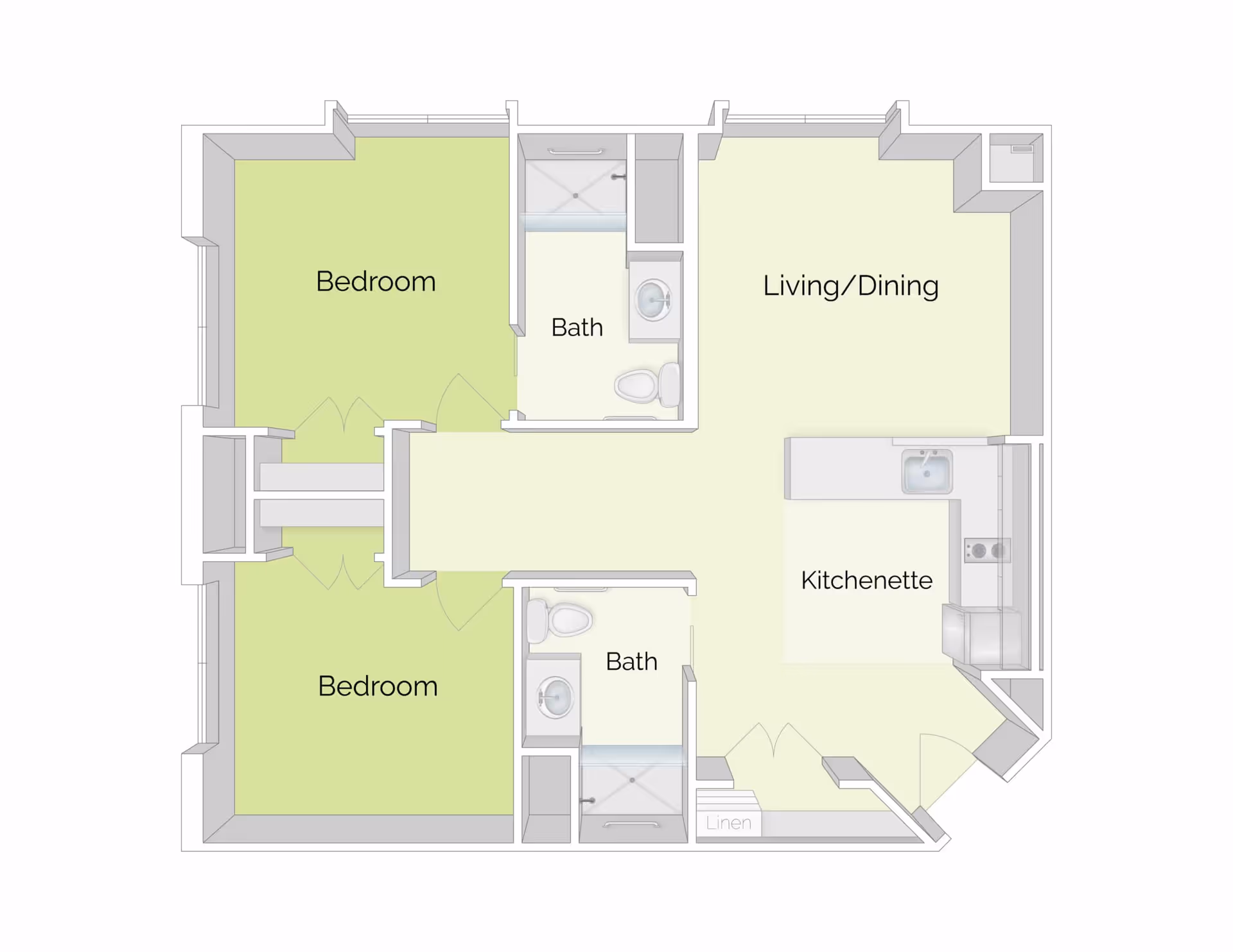 Floor plan of a residential unit at The Residence at Chadds Ford showing two bedrooms, two bathrooms, a living/dining area, and a kitchenette.