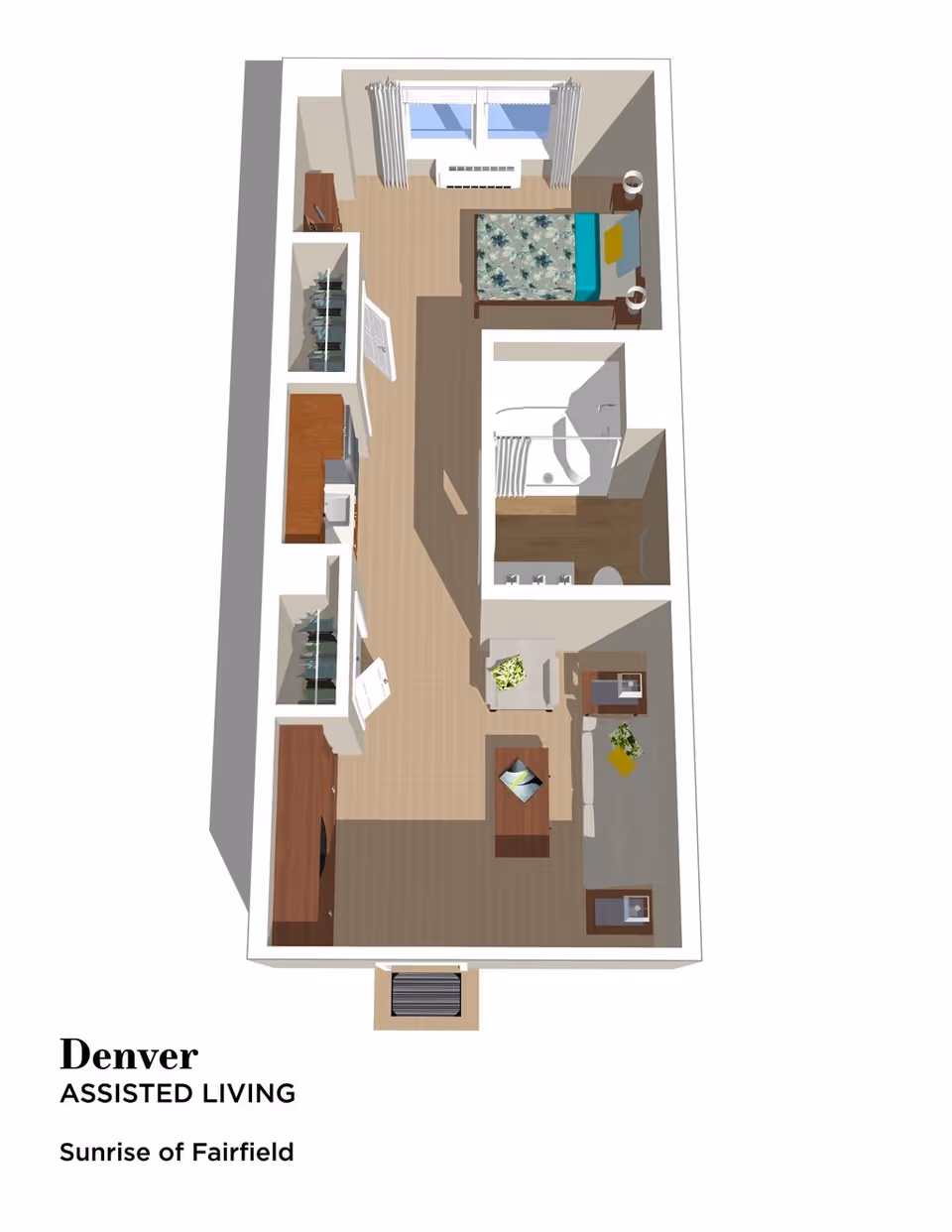 3D floor plan of an assisted living apartment named Denver at Sunrise of Fairfield, showing a bedroom with a bed and nightstands, a bathroom with a shower and sink, a living area with a sofa, armchair, coffee table, and side tables, and a kitchen area with cabinets and appliances.