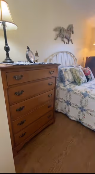 A cozy bedroom corner featuring a wooden chest of drawers with a lamp, a clock, and a small decorative item on top. Next to it is a bed with a white metal headboard, adorned with a quilted bedspread and several decorative pillows. A wall decoration shaped like a horse is mounted above the bed.