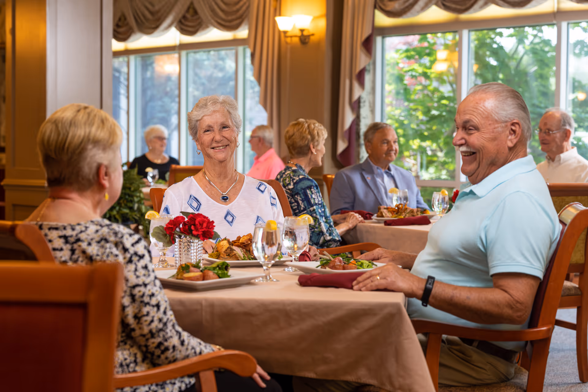 A group of elderly people enjoying a meal together in a well-lit dining room with large windows and elegant curtains. The table is set with plates of food, glasses of water with lemon, and a small vase with red flowers. The atmosphere appears warm and social.