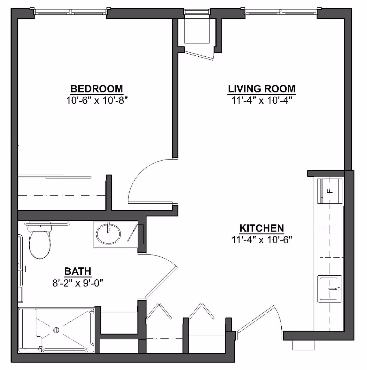 Black-and-white floor plan of a one-bedroom apartment showing labeled bedroom, living room, kitchen and bath with dimensions.