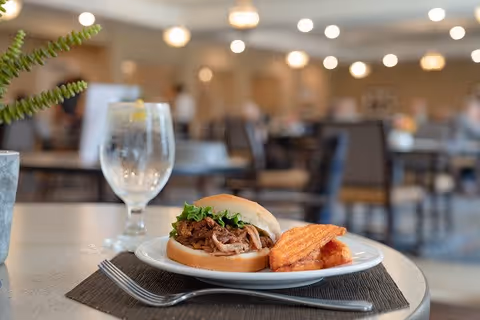 A plate with a pulled pork sandwich topped with lettuce and a side of waffle fries on a table in a dining area. There is a glass of water with a lemon slice next to the plate, and the background shows blurred tables and chairs with warm lighting.