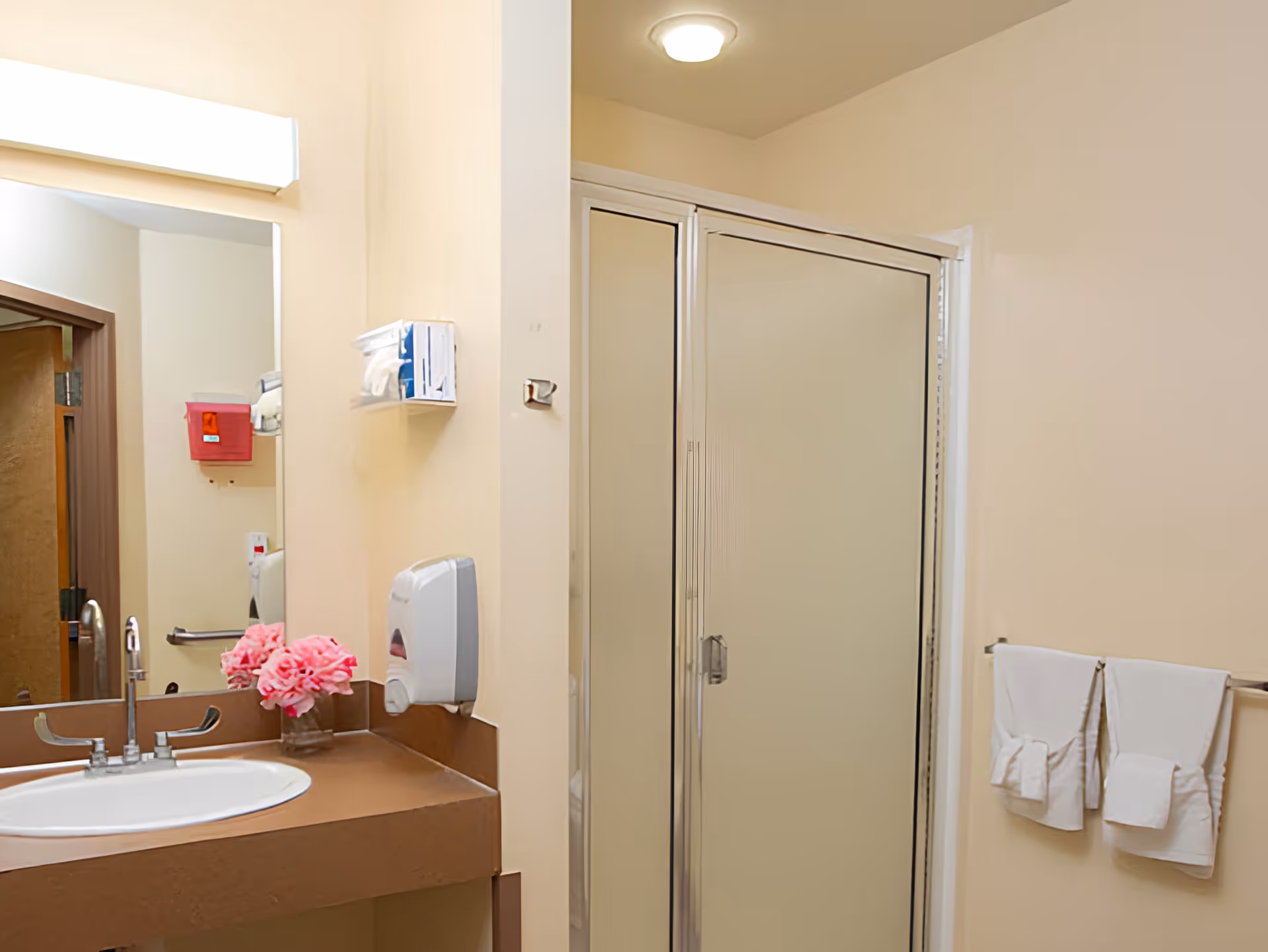 A clean bathroom with a sink and countertop on the left, a mirror above the sink, a soap dispenser mounted on the wall, a small vase with pink flowers on the counter, a shower with frosted glass doors on the right, and two white towels hanging on a towel rack.