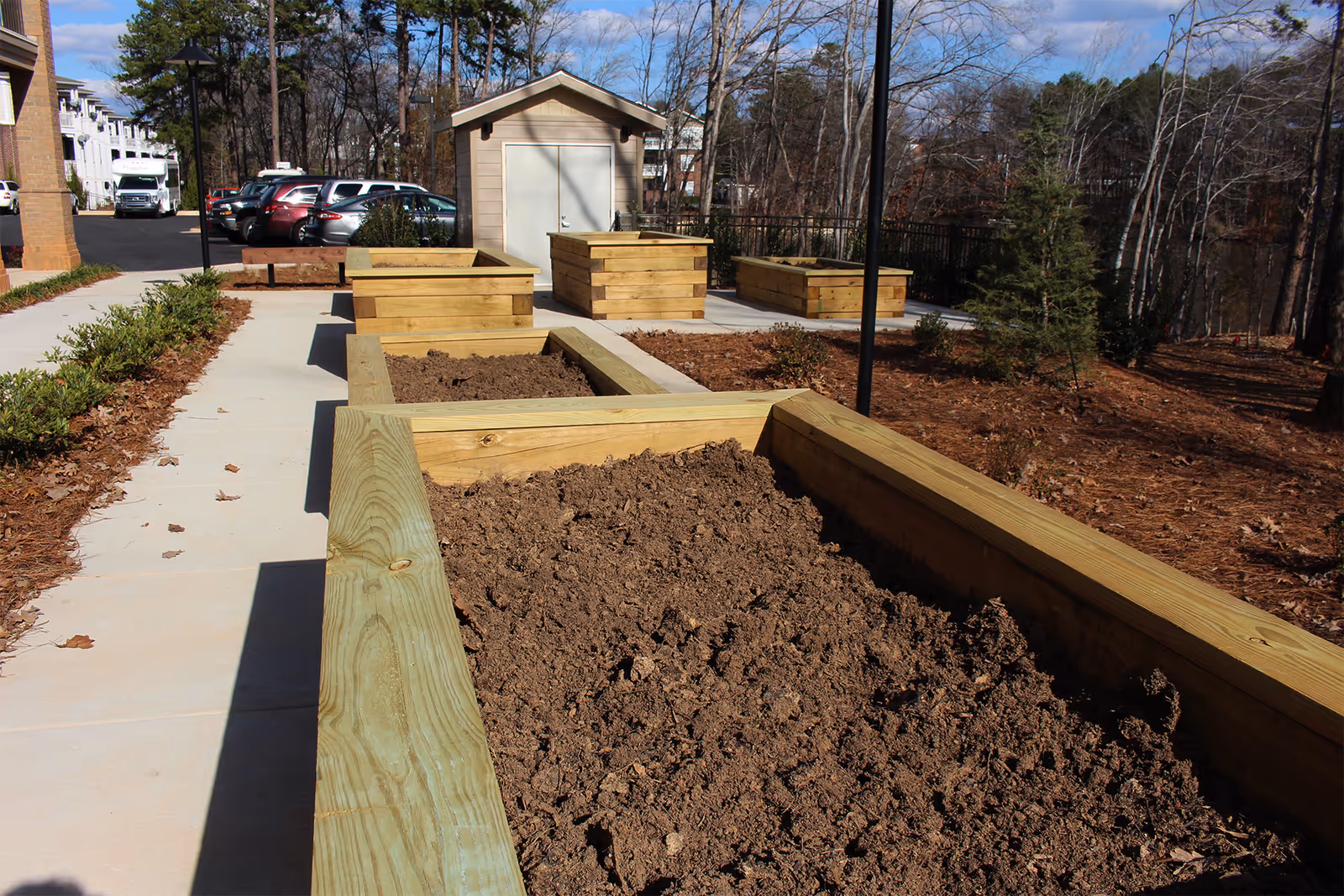 Outdoor garden area with multiple raised wooden planter boxes filled with soil, a small shed in the background, a paved walkway on the left, parked cars, and trees surrounding the area under a clear blue sky.
