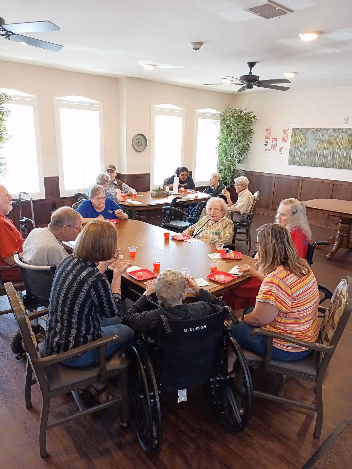 A group of elderly people sitting around a large wooden table in a well-lit room, eating and drinking from red plates and cups. The room has large windows, ceiling fans, and plants, creating a comfortable and social atmosphere.