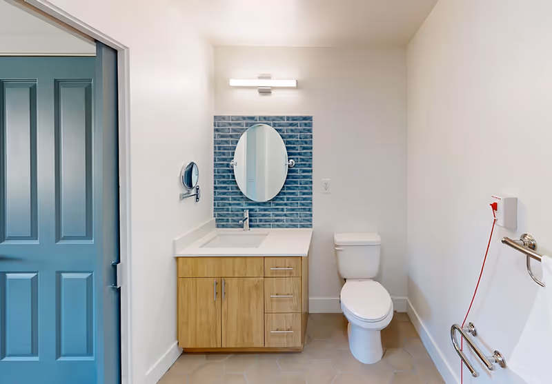 Small modern bathroom with a wooden vanity, white sink, blue tiled backsplash and oval mirror, a toilet, a blue door to the left, and grab bars with an emergency pull cord on the right.