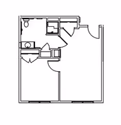 Black and white architectural floor plan of a small apartment or living unit showing a bathroom, a bedroom, and a living area with doors and windows marked.