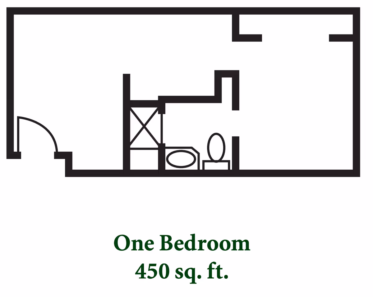 Black floor plan of a one-bedroom apartment with bathroom, labeled One Bedroom 450 sq. ft.