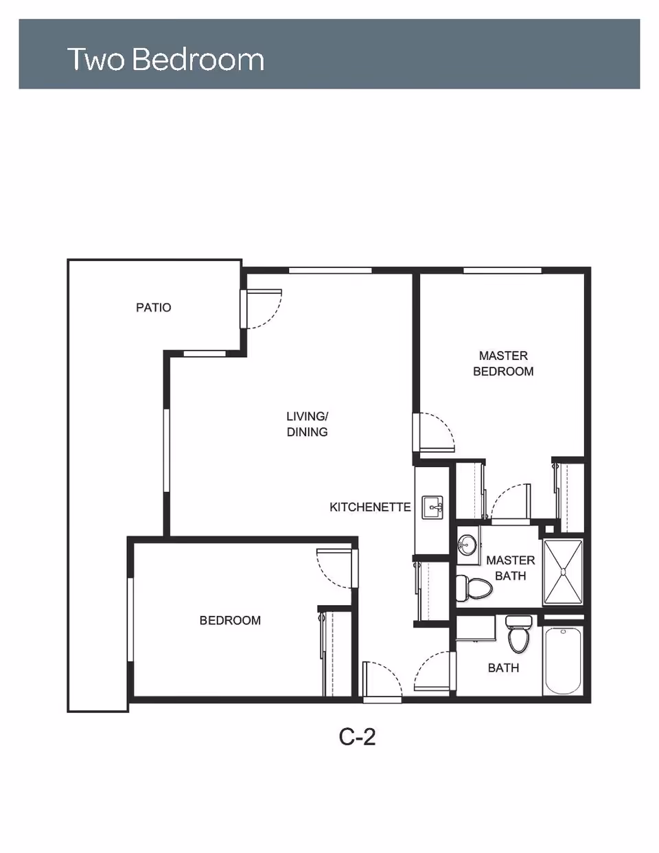 Floor plan layout of a two-bedroom apartment featuring a patio, living/dining area, kitchenette, master bedroom with master bath, a second bedroom, and an additional bath.