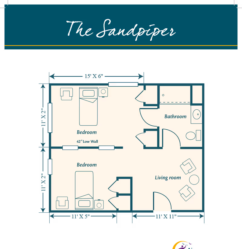 Floor plan of The Sandpiper unit at HarborChase of Villages Crossing showing two bedrooms, a bathroom, and a living room with dimensions and furniture layout.