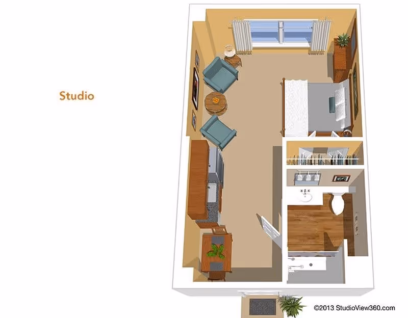 3D floor plan of a studio apartment featuring a combined living and sleeping area with a bed, two armchairs, a round table, a dresser, and a window with curtains. The kitchen area includes cabinets, a sink, and appliances. There is a separate bathroom with a sink, toilet, and shower. A small dining table with two chairs is near the entrance.