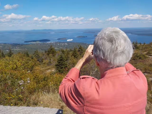 An elderly person with gray hair wearing a red jacket is looking through binoculars at a scenic view of a forested area, a town, and a large body of water with several small islands and a cruise ship in the distance under a partly cloudy sky.