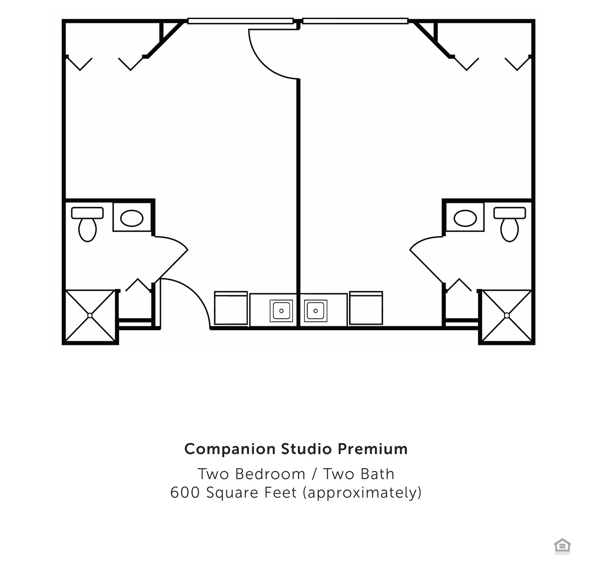 Black-and-white floor plan showing a mirrored two-bedroom, two-bath companion studio layout.