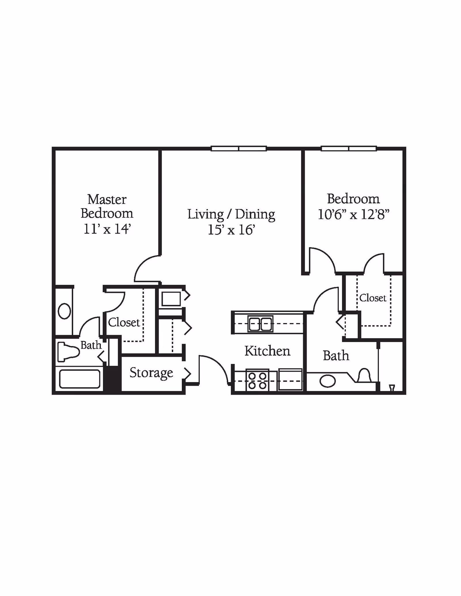 Floor plan of a two-bedroom apartment featuring a master bedroom measuring 11 by 14 feet with an attached bath and closet, a second bedroom measuring 10 feet 6 inches by 12 feet 8 inches with a closet, a combined living and dining area measuring 15 by 16 feet, a kitchen, a second bath, and a storage area.