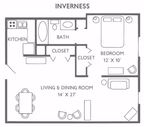 Floor plan labeled Inverness showing a layout with a kitchen, bath, two closets, a bedroom measuring 12 by 10 feet, and a combined living and dining room measuring 14 by 27 feet. The kitchen includes a stove and sink. The bath has a bathtub and toilet. The bedroom contains a bed and two nightstands. The living and dining room has a dining table with four chairs, two armchairs, a sofa, and a small table.