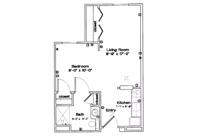 Black-and-white floor plan of a one-bedroom apartment showing a living room, bedroom, kitchen, bathroom, closets and entry with room dimensions.