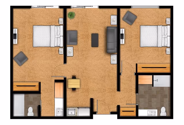 Floor plan of a two-bedroom apartment featuring two bedrooms each with a bed, nightstands, and a chair. The central living area includes a sofa, armchair, coffee table, and a small dining table with two chairs. There are two bathrooms, each with a toilet and sink, and a kitchen area with a sink and appliances.