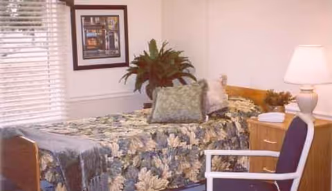 A floral bedspread covers a single bed with a nightstand, plant, and chair in a bedroom.