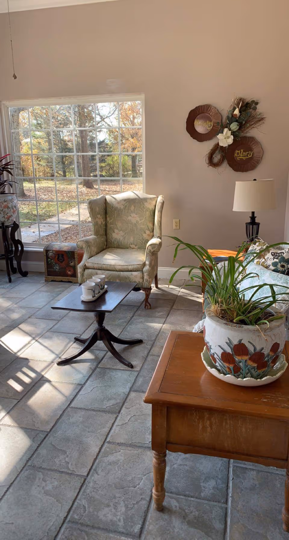 Sunlit living room with a patterned wingback chair, small coffee table, potted plant on a wooden side table, and a large window showing trees outside.