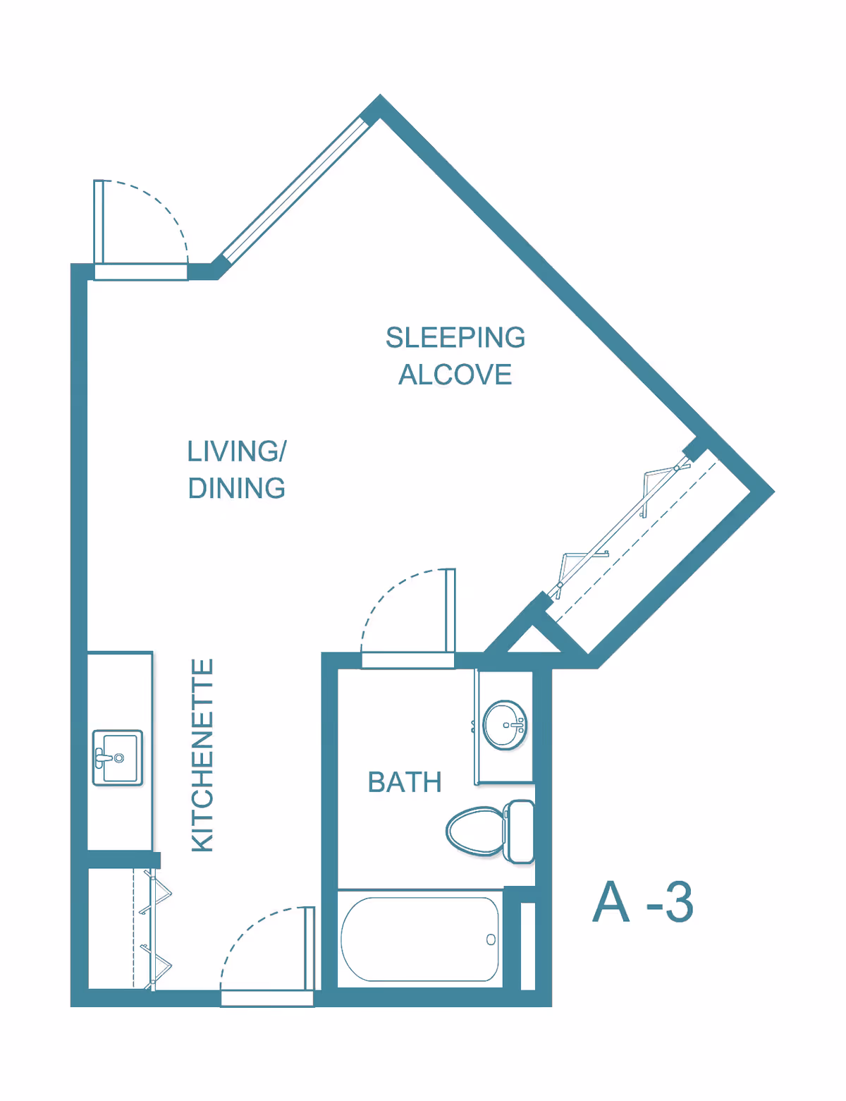 Architectural floor plan of a senior living studio apartment labeled A-3, showing a sleeping alcove, living/dining area, kitchenette with a sink, and a bathroom with a bathtub, toilet, and sink.