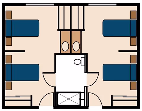 Architectural floor plan showing a layout with four bedrooms, each containing two beds and two nightstands. The center area includes a bathroom with a toilet and two sinks, and an elevator or stairwell is located at the bottom center of the plan.