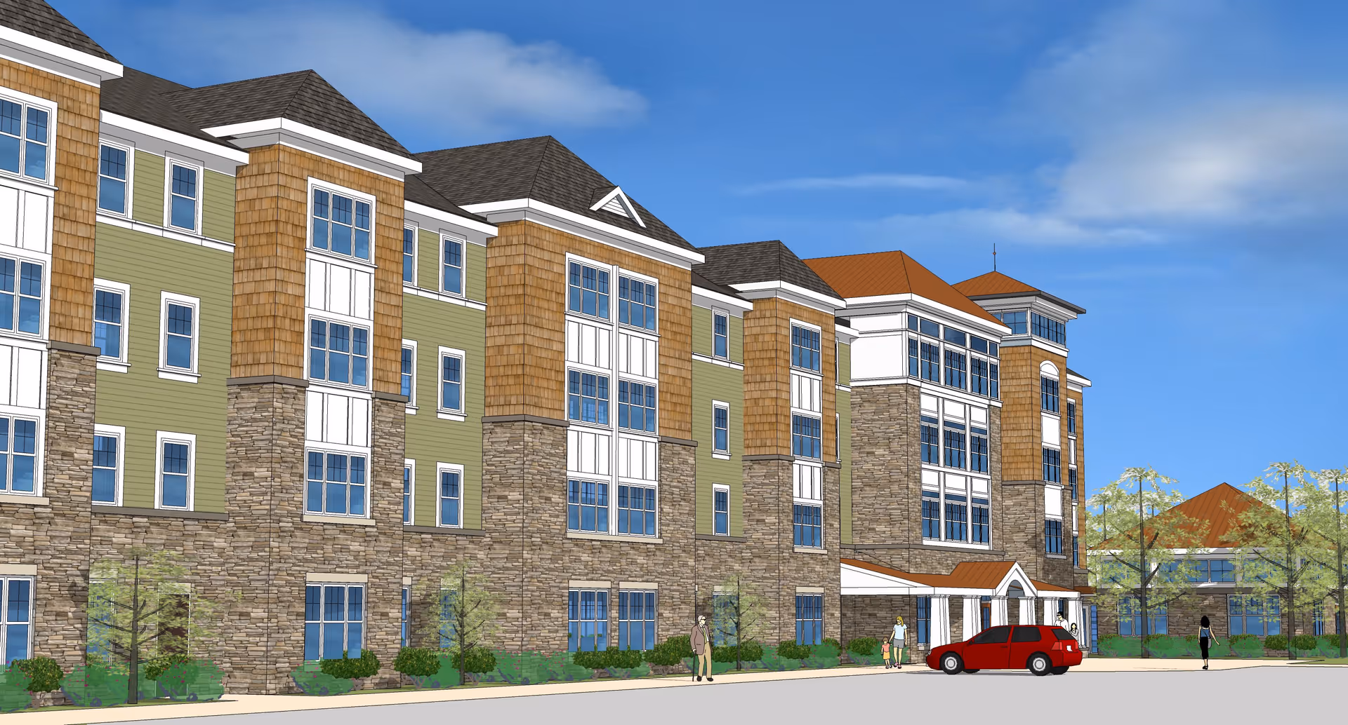 Architectural rendering of a multi-story senior living building with stone and siding facade, an entrance canopy, landscaping, and a red car at the curb.