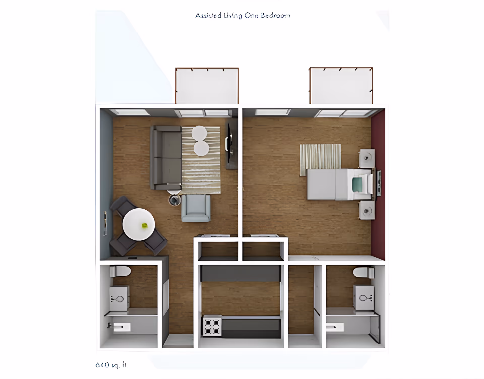 Top-down view of a 640 sq. ft. assisted living one-bedroom apartment floor plan featuring a living room with sofa, armchair, coffee tables, and dining table with chairs; a bedroom with a bed and nightstands; two bathrooms; and a kitchen area.