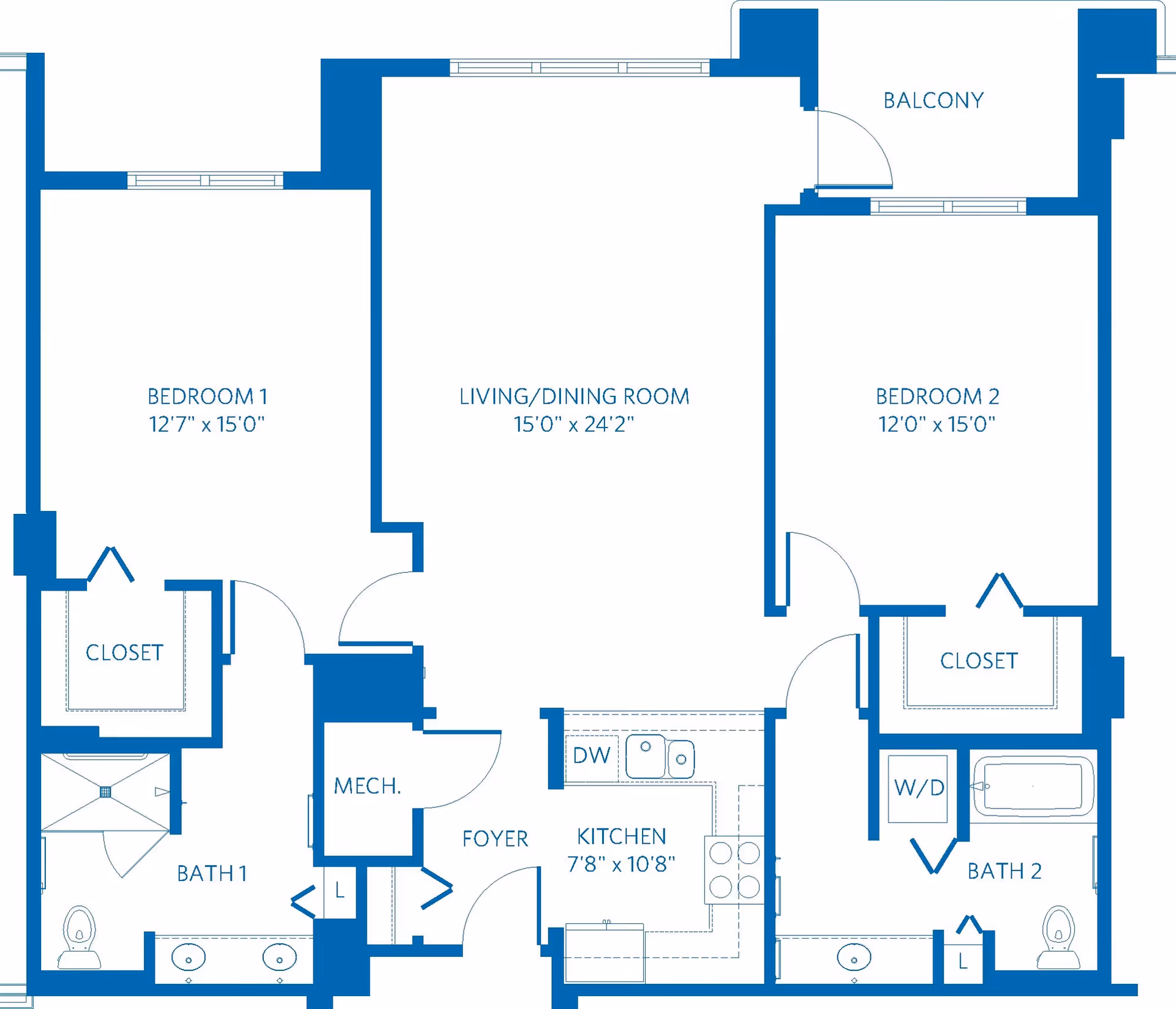 Floor plan of a two-bedroom apartment at Vi at Silverstone, showing Bedroom 1 with closet and Bath 1, Bedroom 2 with closet and Bath 2, a living/dining room, kitchen, foyer, mechanical room, balcony, and washer/dryer area.