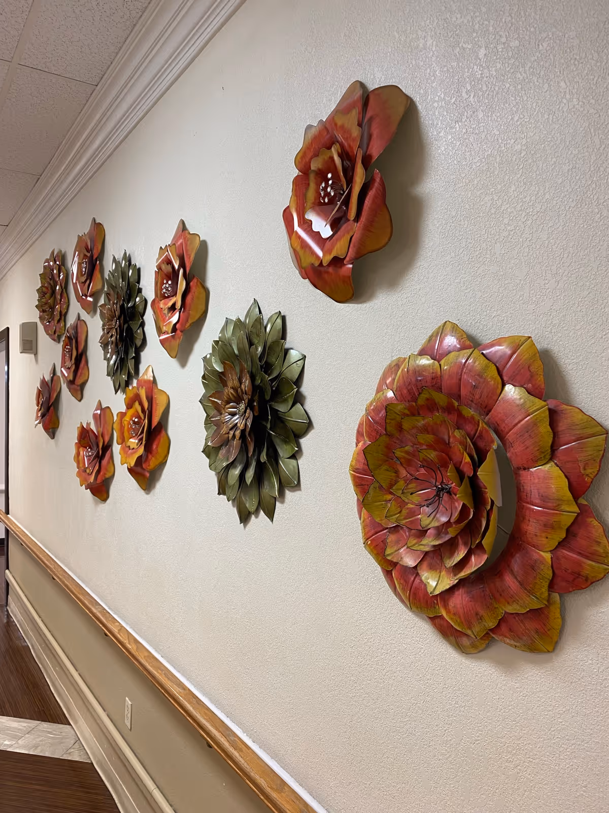 Decorative metal flower sculptures mounted along a hallway wall in a senior living facility.