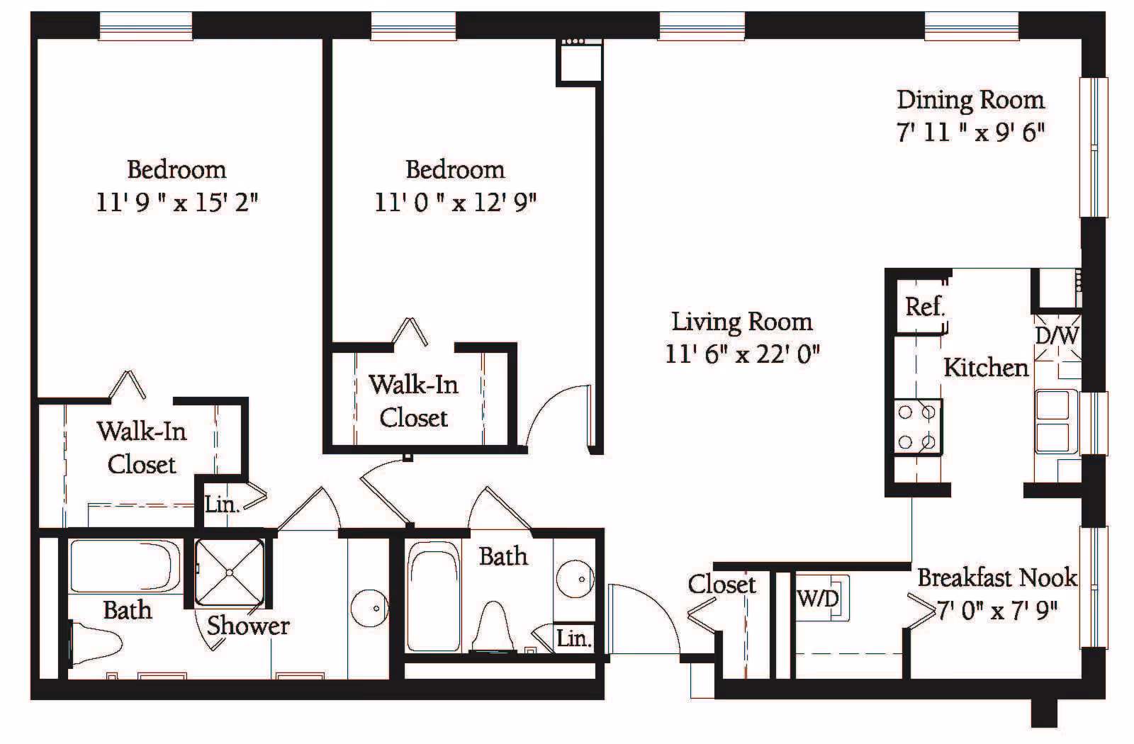 Floor plan of a residential unit at Lincolnwood Place showing two bedrooms with walk-in closets, two bathrooms (one with a shower and one with a bathtub), a living room, dining room, kitchen with refrigerator and dishwasher, breakfast nook, and closets including a washer/dryer area.